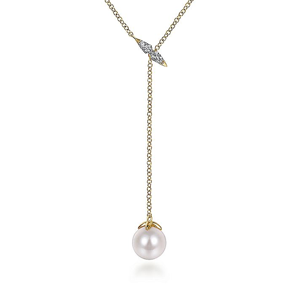 14K Yellow Gold Diamond Bar Y Necklace With Cultured Pearl Drop
