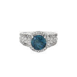 JT ESTATE 14K White Gold Checkboard Round Blue Topaz Halo Ring