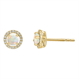 October Birthstone Earrings: 14K Yellow Gold Diamond Halo Opal Earrings