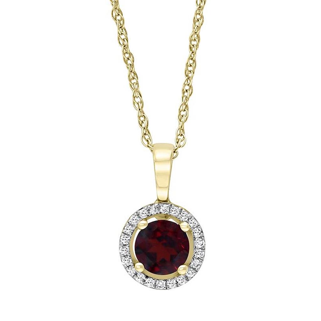 January Birthstone Pendant: 14K Yellow Gold Diamond And Garnet Halo Pendant Necklace