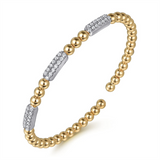 14K Yellow And White Gold Beaded Diamond Cuff Bangle Bracelet