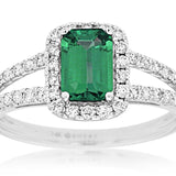 14K White Gold Emerald Cut Emerald Halo Ring