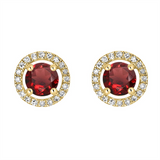 January Birthstone Earrings: 14K Yellow Gold Diamond Halo Garnet Earrings