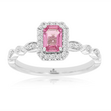 14K White Gold Emerald Cut Pink Sapphire Halo Ring