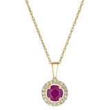 July Birthstone Pendant: 14K Yellow Gold Diamond And Ruby Halo Pendant Necklace