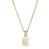 October Birthstone Pendant: 14K Yellow Gold Diamond And Oval Opal Drop Pendant Necklace