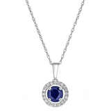 September Birthstone Pendant: 14K White Gold Diamond And Sapphire Halo Pendant Necklace
