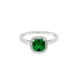 May Birthstone Sterling Silver Checkerboard Cushion Created Emerald Halo Ring