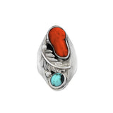 JT ESTATE  Sterling Silver Coral And Turquoise Leaf Ring