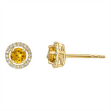 November Birthstone Earrings: 14K Yellow Gold Diamond Halo Citrine Earrings