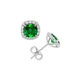 May Birthstone Sterling Silver Created Emeralds Halo Earrings