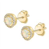 October Birthstone Earrings: 14K Yellow Gold Diamond Halo Opal Earrings
