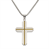 18K Yellow Gold IP Stainless Steel With Gold Rope Inlay Two-Tone Cross Pendant