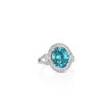 18K White Gold Oval Cambolite Blue Zircon Contemporary Halo Ring