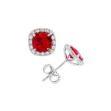 July Birthstone Sterling Silver Created Rubies Halo Earrings