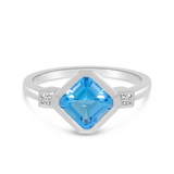 14K White Gold Asscher Blue Topaz Three Stone Ring