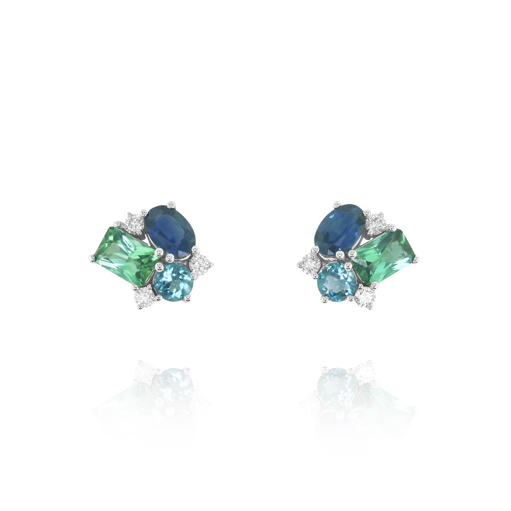 A pair of earrings with blue and green sapphires and diamonds.