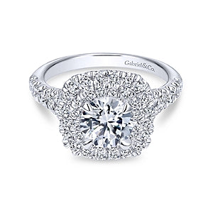 14K White Gold Lexie Cushion Double Halo Round Diamond Engagement Ring