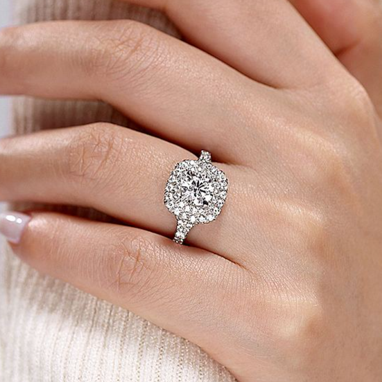 14K White Gold Lexie Cushion Double Halo Round Diamond Engagement Ring