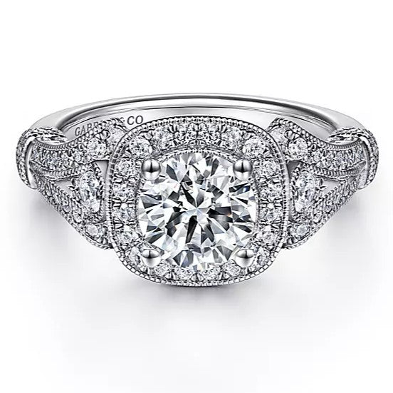 14K White Gold Delilah Cushion Halo Round Diamond Engagement Ring