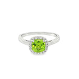 August Birthstone Sterling Silver Checkerboard Cushion Peridot Halo Ring