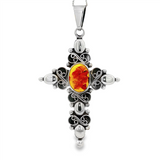 JT ESTATE  Sterling Silver Ornate Cross Pendant With 1 Large Oval Amber