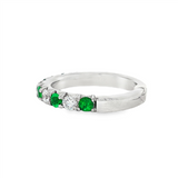 14K White Gold Round Emeralds And Diamond Band Ring