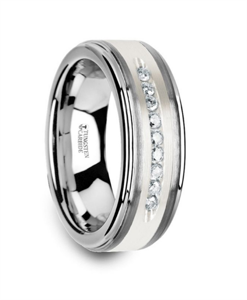 Tungsten ‘Harper’ 8Mm Silver Inlay With Channel Set Diamonds Wedding Band