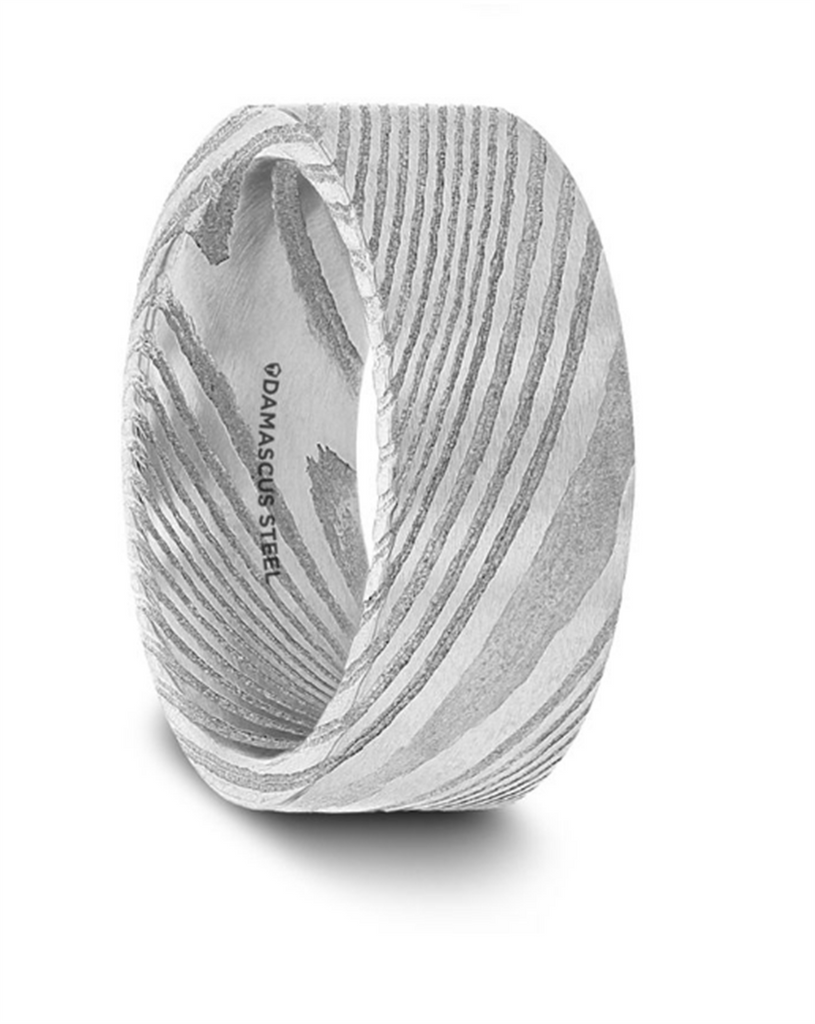 Damascus Steel ‘Xander’ 6mm Vivid Etched Design On Grey Flat Brushed Wedding Band