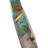 Damascus Steel Liner Lock Pocket Knife With Turquoise Handle Inlay