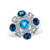 14K White Gold Various Shapes Blue Topazes Flower Ring