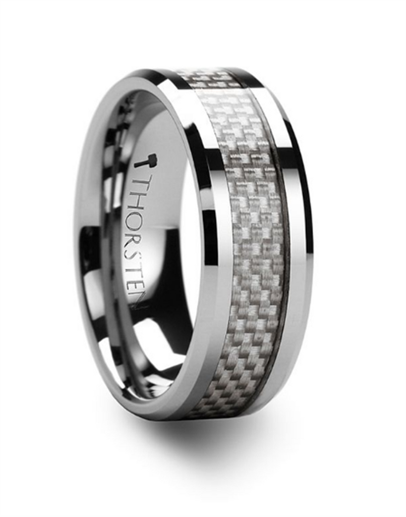 Tungsten Carbide ‘Ultimus’ 8mm Beveled White Carbon Fiber Inlay Wedding Band
