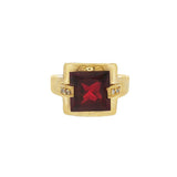JT ESTATE 14K Yellow Gold Princess Garnet And Diamond Antique Ring