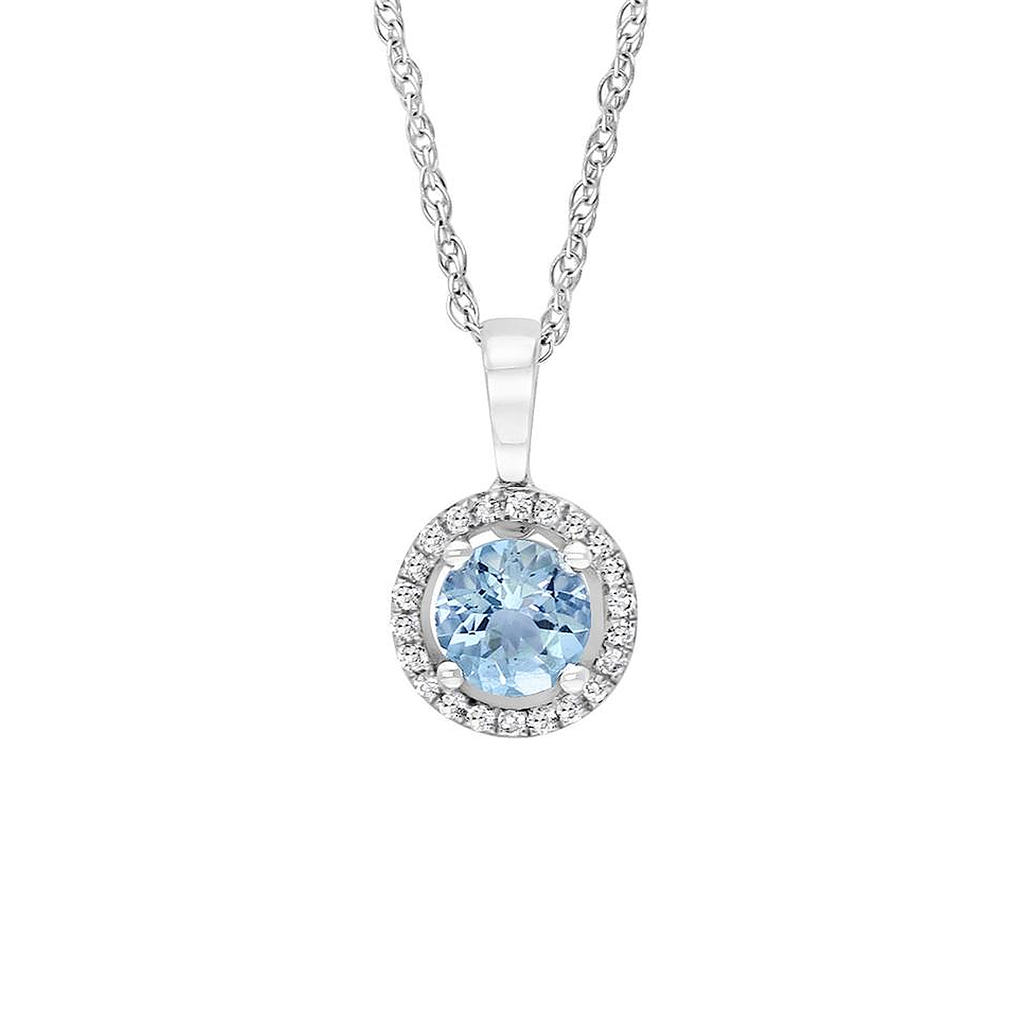 March Birthstone Pendant: 14K White Gold Diamond And Aquamarine Halo Pendant Necklace
