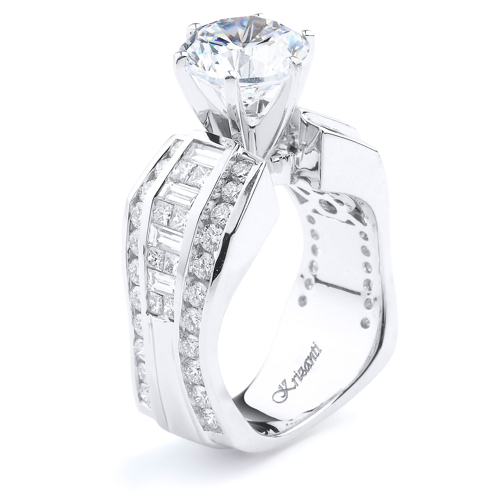 18K White Gold Wide Band Round Diamond Engagement Ring