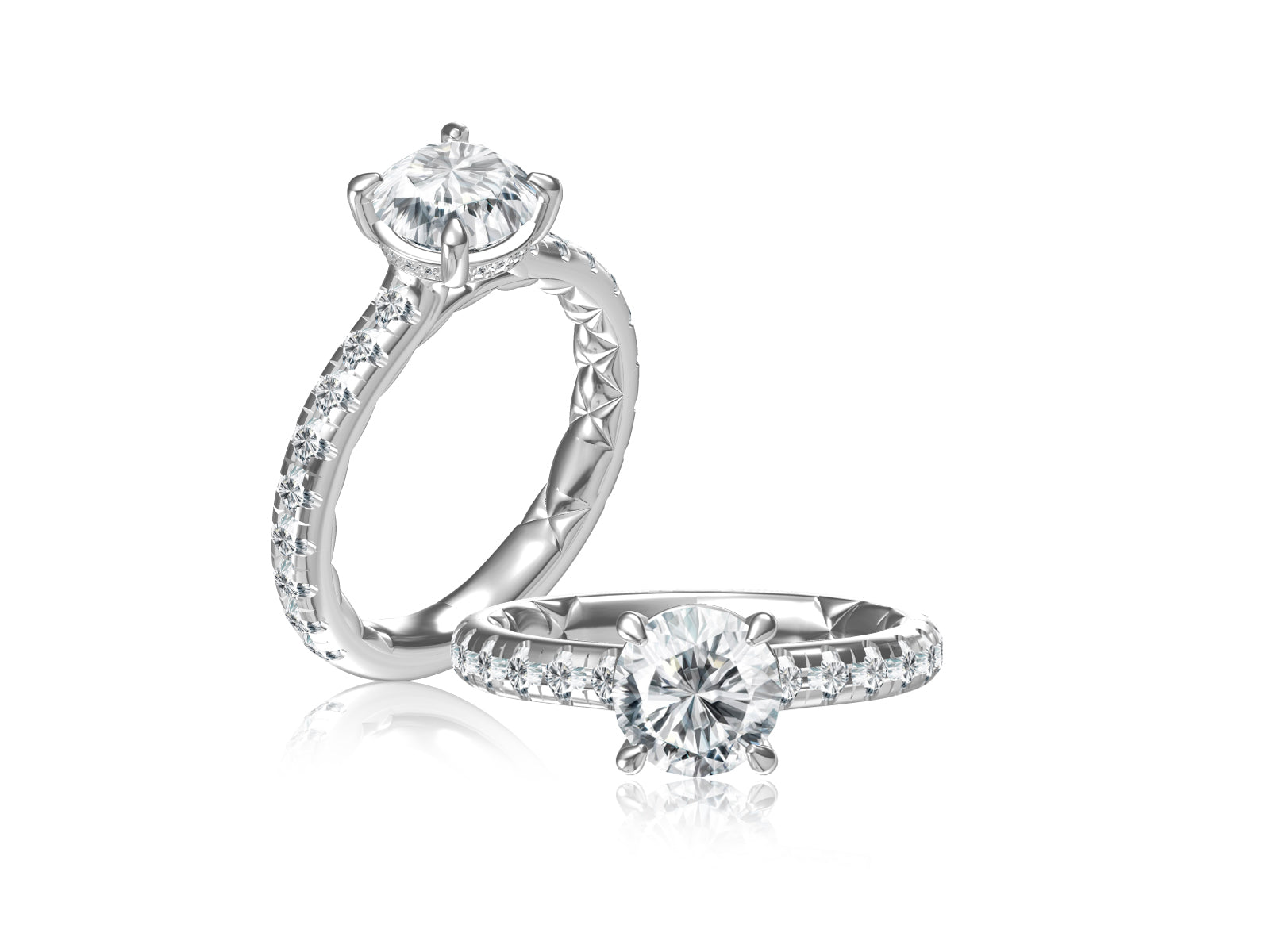 14K White Gold Round Quilted Diamond Engagement Ring
