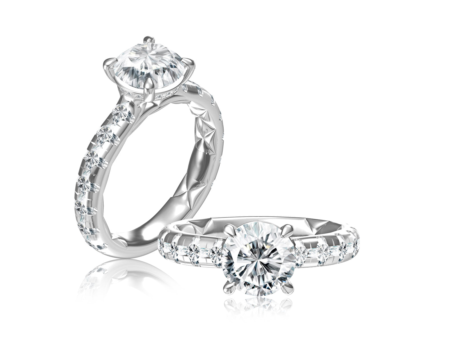 14K White Gold Round Quilted Diamond Engagement Ring
