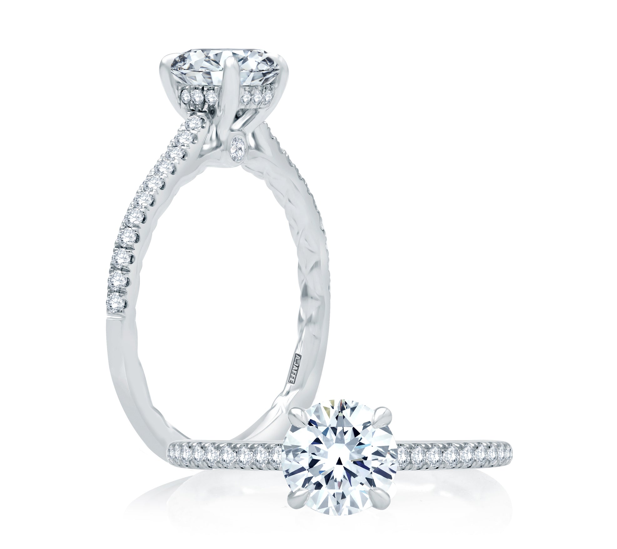 14K White Gold Four Prong Engagement Ring With Diamond Band