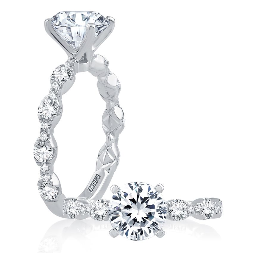 14K White Gold Four Prong Diamond Engagement Ring With Scalloped Band