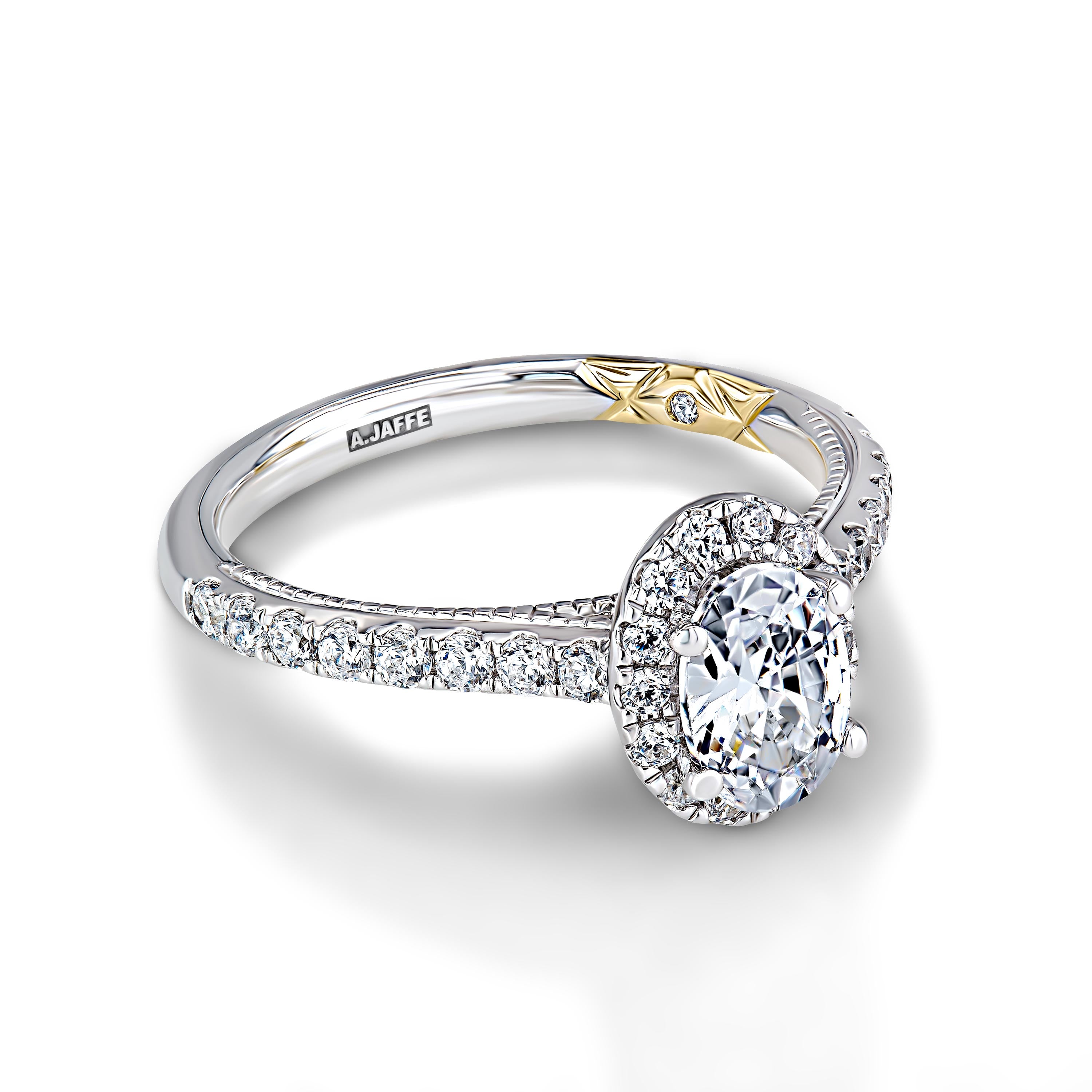 14K White And Yellow Halo Diamond Engagement Ring With Oval Center