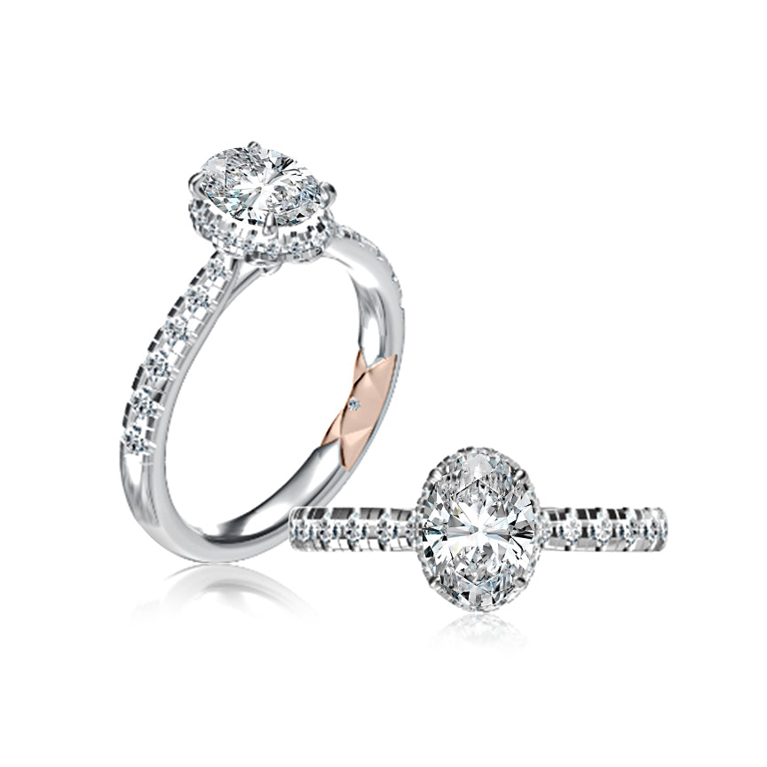 14K White Gold Hidden Halo Oval Natural Diamonds Engagement Ring
