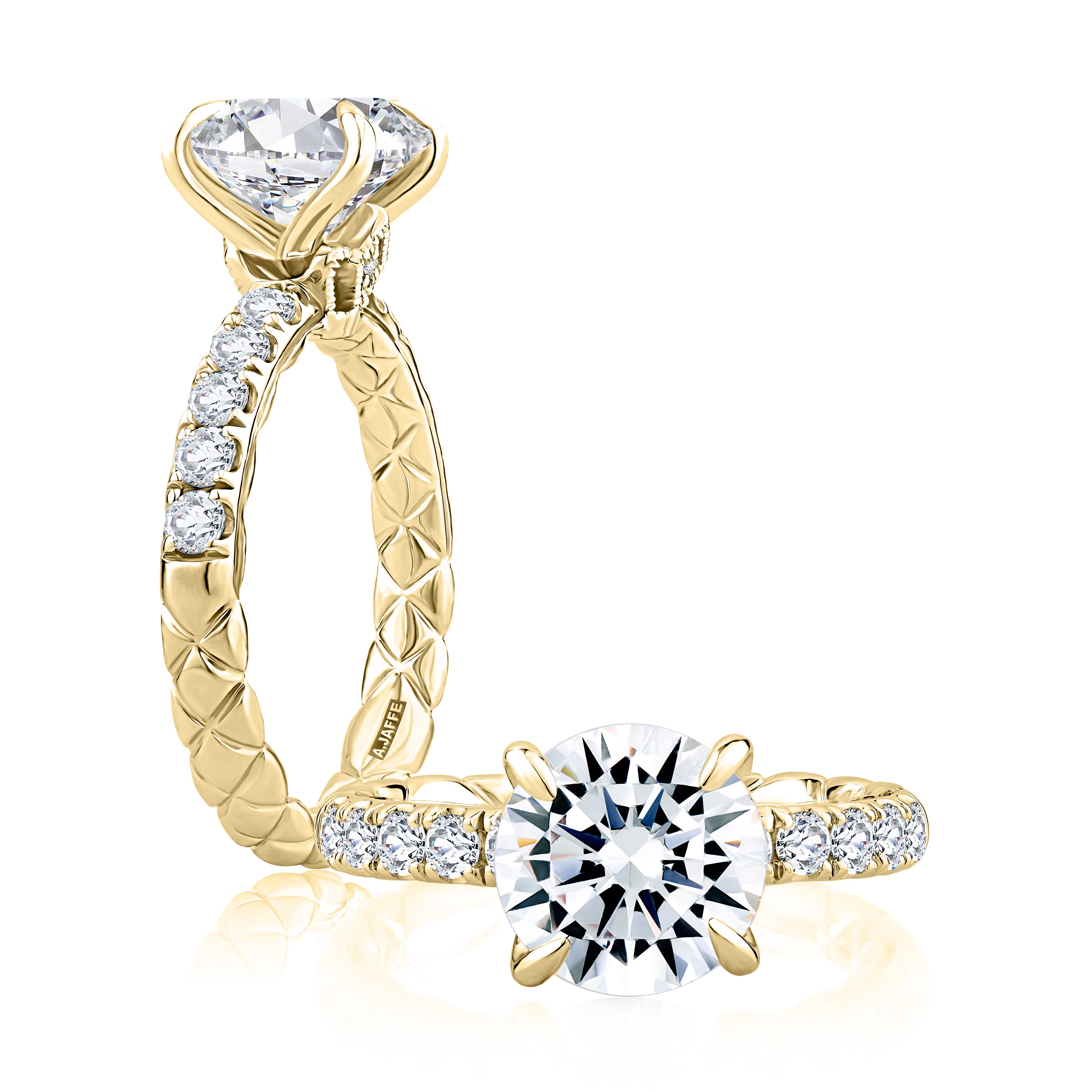 14K Yellow And White Gold Quilted Diamond Engagement Ring