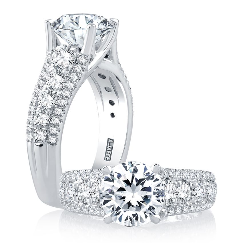 14K White Gold Wide Band Round Diamond Engagement Ring