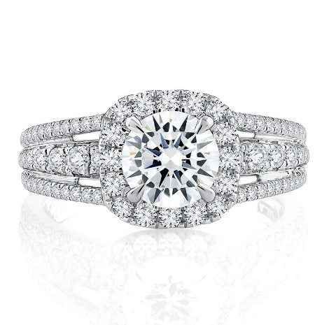 14K White Gold Triple Split Shank Halo Round Cut Diamond Engagement Ring