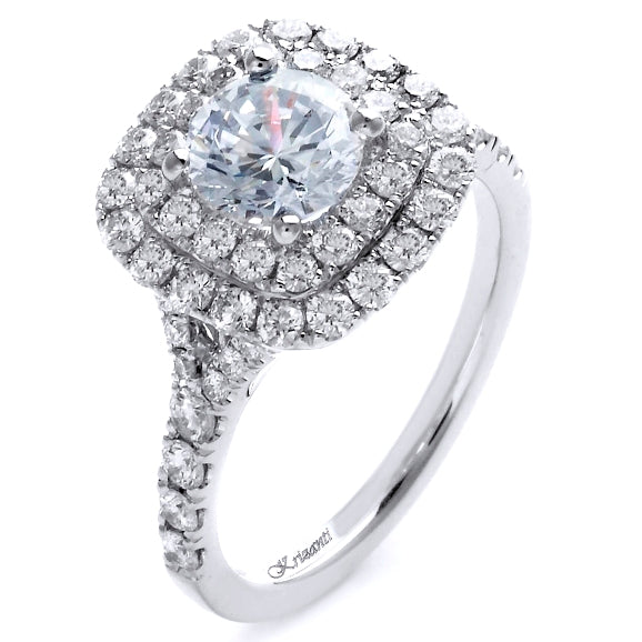 18K White Gold Split Shank Double Halo Round Diamond Engagement Ring