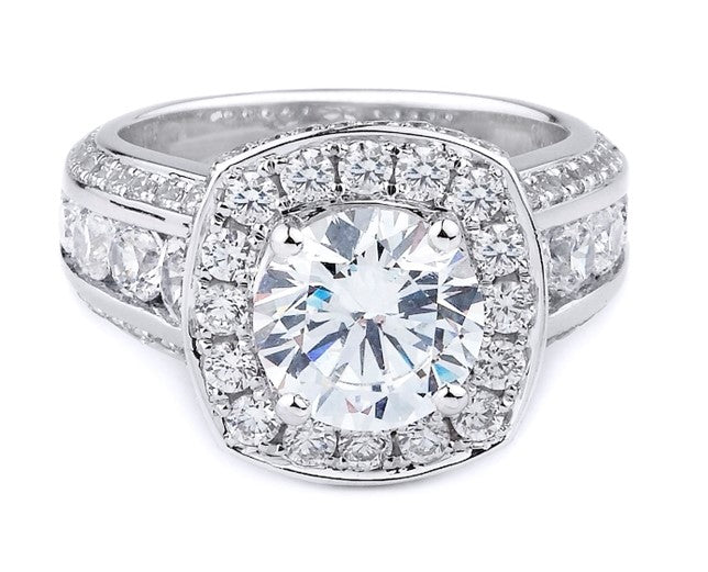 Krizanti 18K White Gold Halo Diamond Engagement Ring With Three Row Band