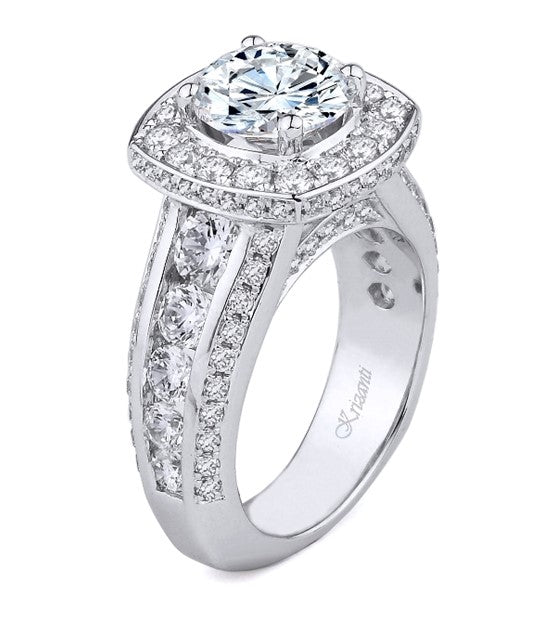 Krizanti 18K White Gold Halo Diamond Engagement Ring With Three Row Band