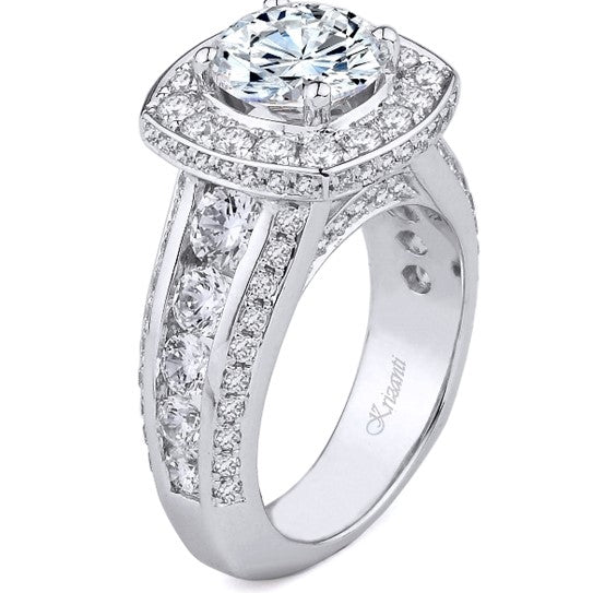 Krizanti 18K White Gold Halo Diamond Engagement Ring With Three Row Band