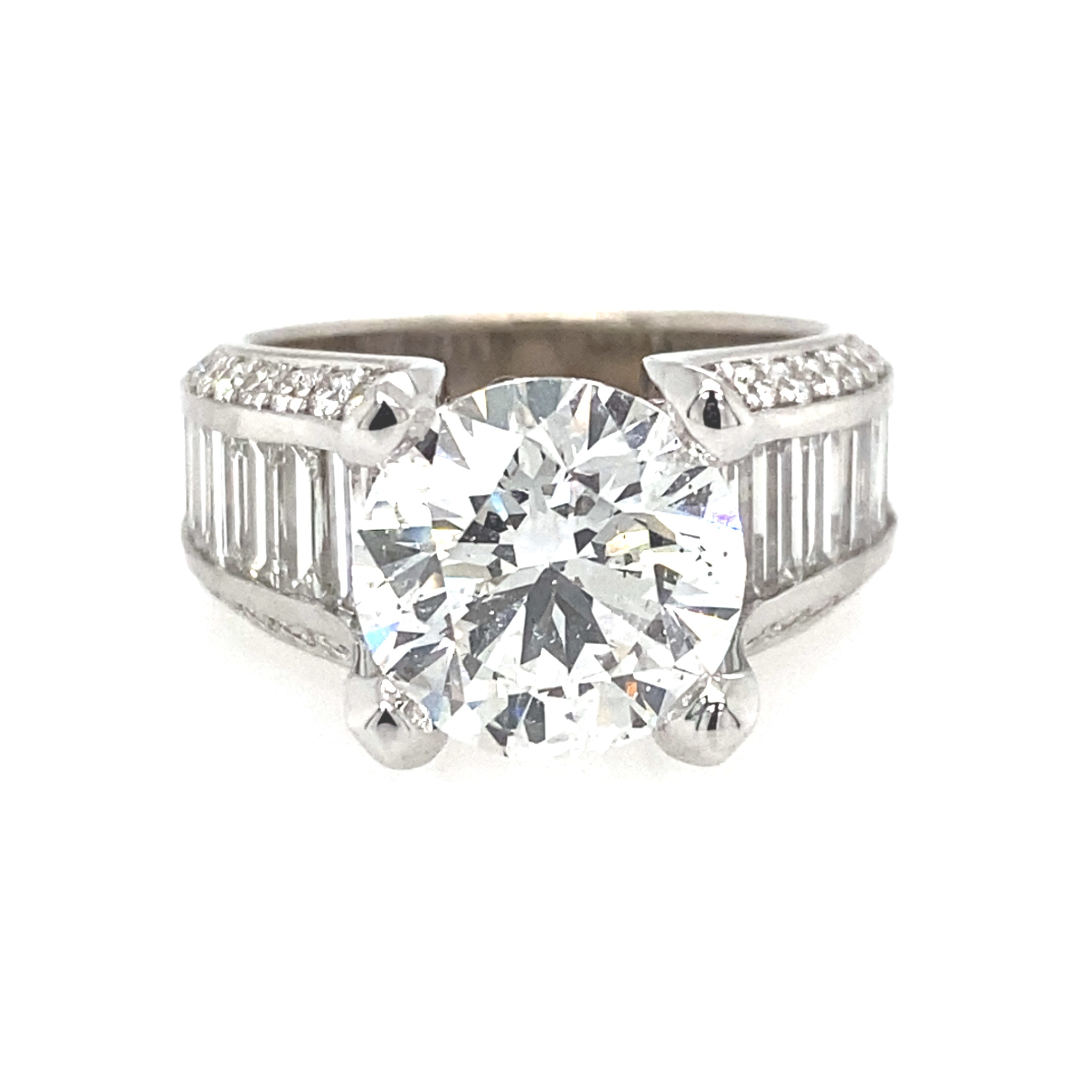 18K White Gold Baguette Cut Diamonds Channel Set Engagement Ring With Pavé Round Diamond