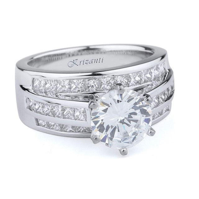 18K White Gold Wide Band Three Row Round Diamond Engagement Ring